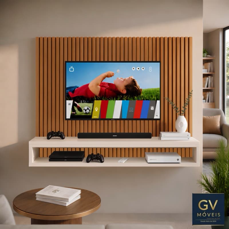 Painel para TV Até 50 Polegadas Ripado Florença  - Moderno e Elegante com Prateleiras e Nichos, Ideal Para Sala e Quarto