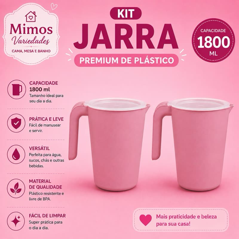 KIT 1 OU 2 JARRA PREMIUM PLÁSTICO 1800ML ÓTIMA QUALIDADE COM TAMPA