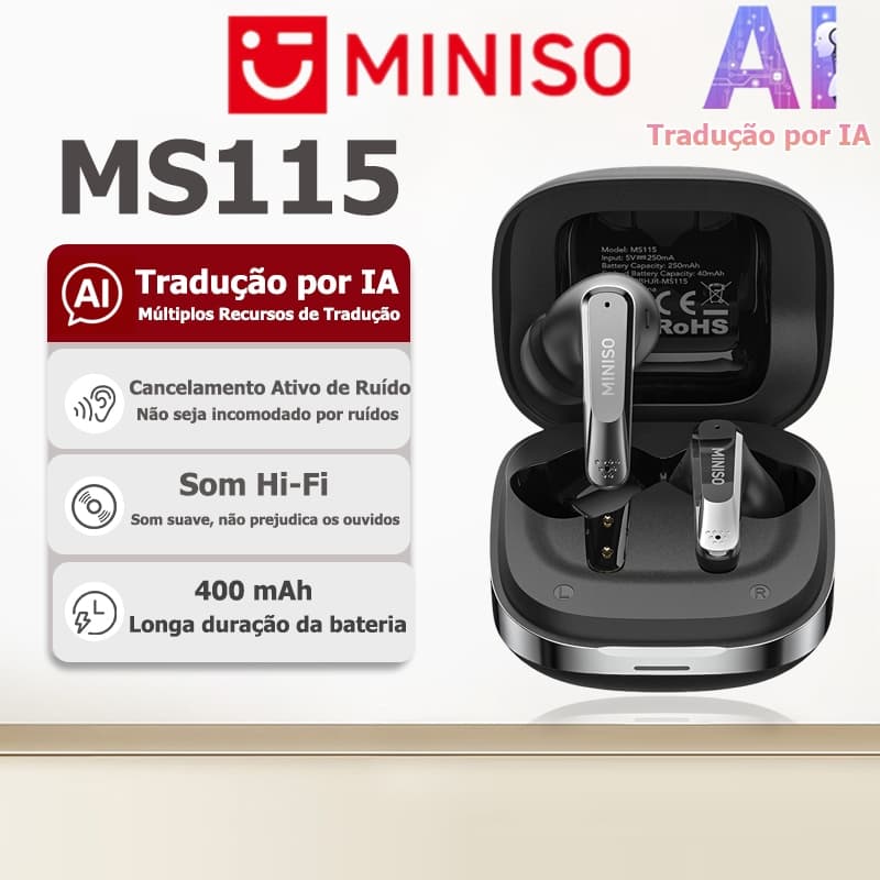 Fone de ouvido Bluetooth tradutor por IA MINISO MS115, Cancelamento Ativo de Ruído, fone sem fio, Bluetooth 5.4, qualida