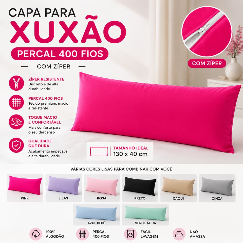 Kit 02 Fronhas Xuxão com zíper ou AVULSO,Percal 400Fios,Travesseiro de Corpo,Gestante,Grávida 130x40