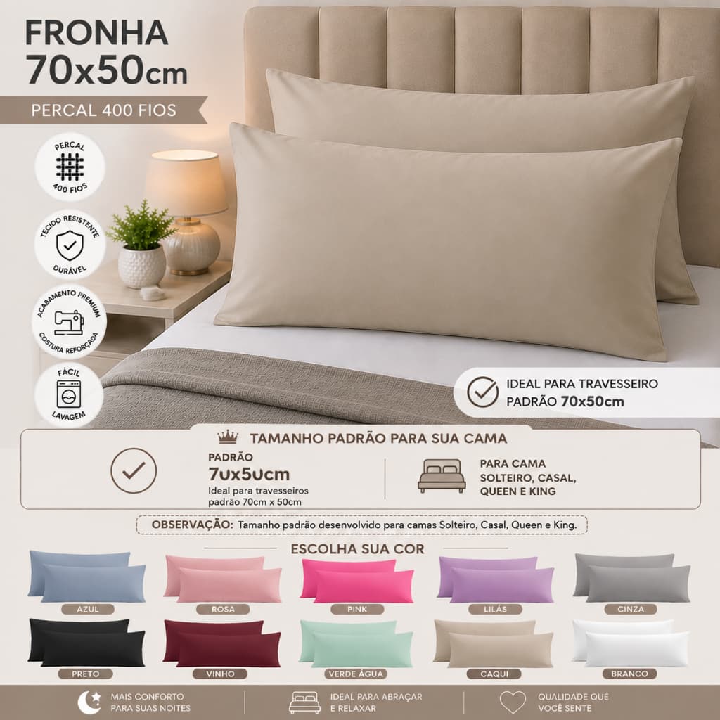 Par Fronha para Travesseiro Percal 400 fios ou AVULSA ,Capa Porta Travesseiro 70x50,Kit Fronhas 50x70