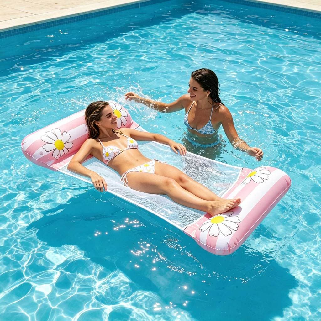 Float inflável para piscina com furos – cores azul/rosa, para praia no verão. Almofada aquática para adultos.