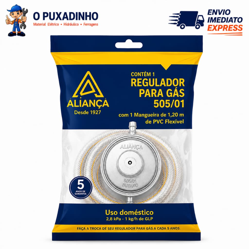 Kit Regulador de Gás Aliança 505/01 1kg/h + Mangueira 1,20m para Botijão P13