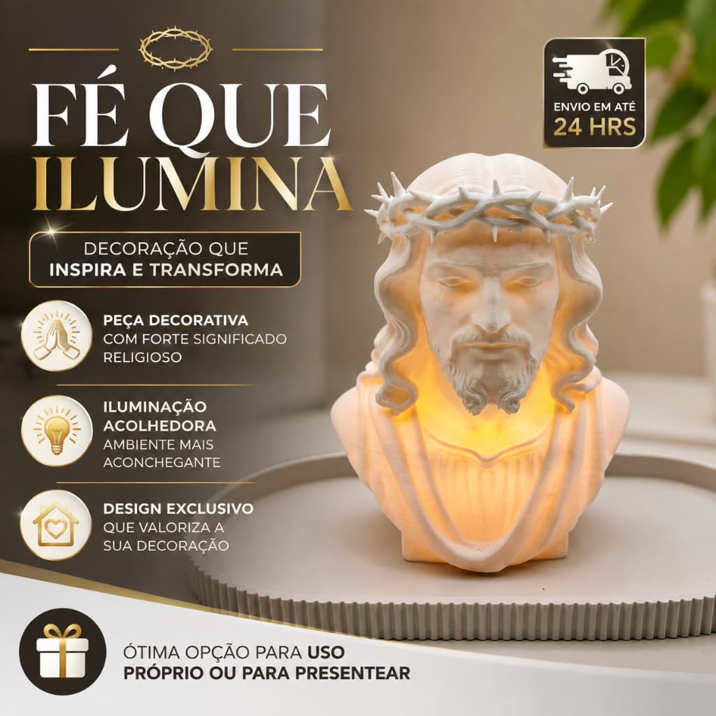 Imagem Jesus Cristo 12cm com Coroa de Espinhos Escultura Decorativa Religiosa Branca Luz LED Mesa