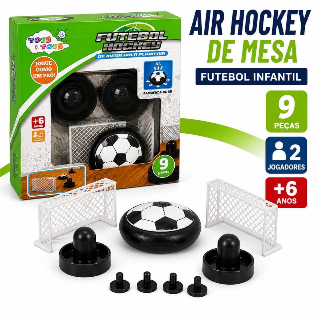 Air Hockey de Mesa Infantil Futebol com Bola Traves e Rebatedores 9 Peças