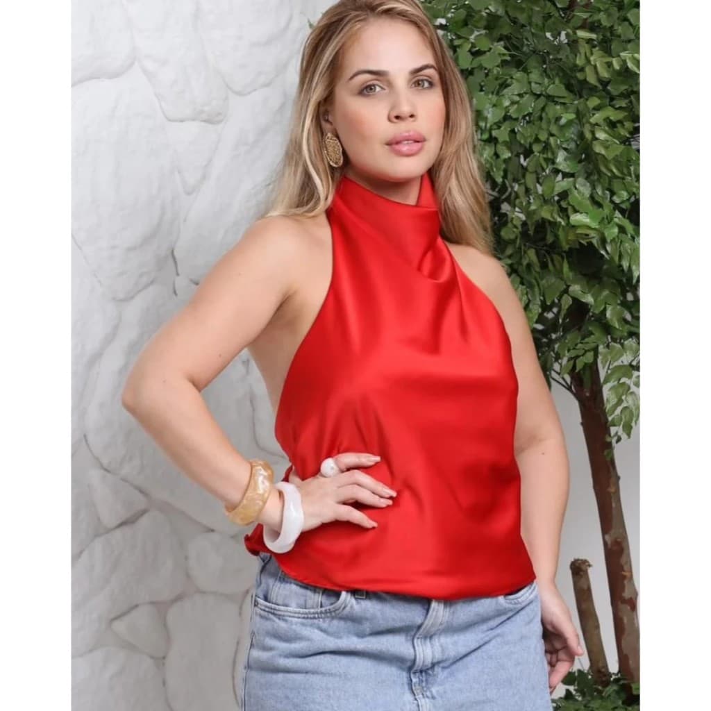 Blusa Feminina De Cetim  Estilosa  Gola alta Frente ùnica lançamento de Verão