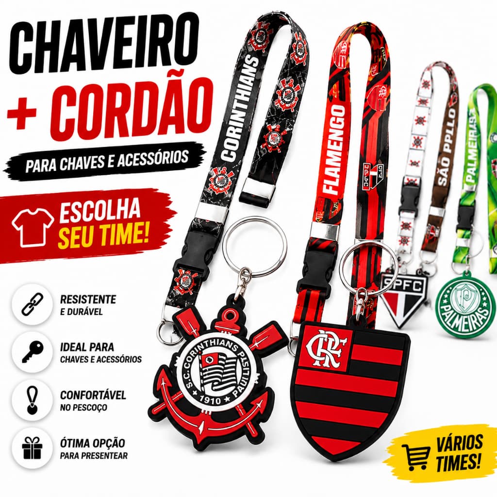 Chaveiro de Time com Cordão Pescoço Moto Chaves Engate Rápido – Escolha Seu Time