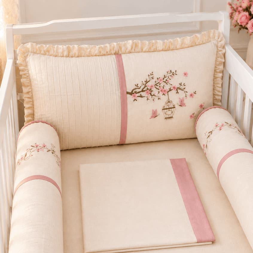 Kit Berço Luxo Americano Linho Bordado Menina Floral Flores Rose Jardim Encantado 100% Algodão 5Pçs