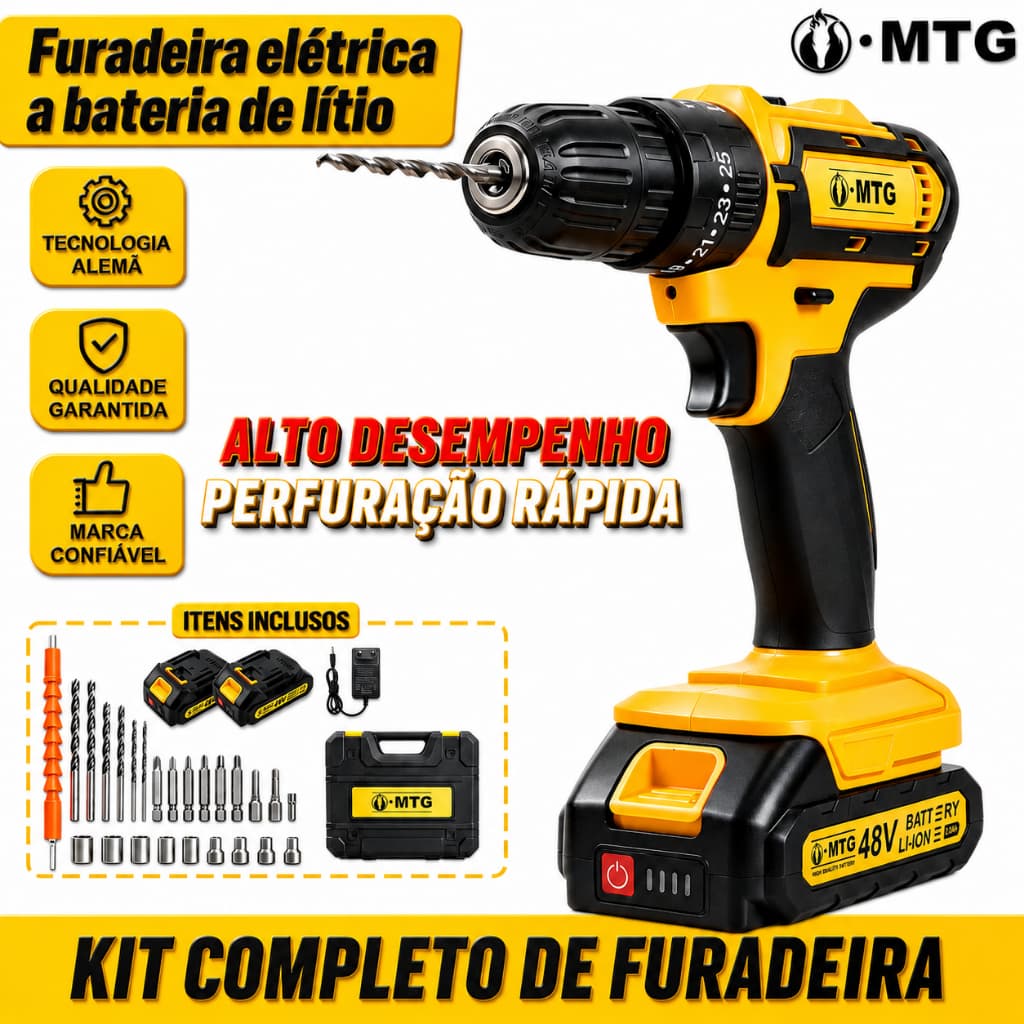 Parafusadeira Furadeira de Impacto a Bateria Recarregável Sem Fio 48v 2 Baterias Com Maleta Completo