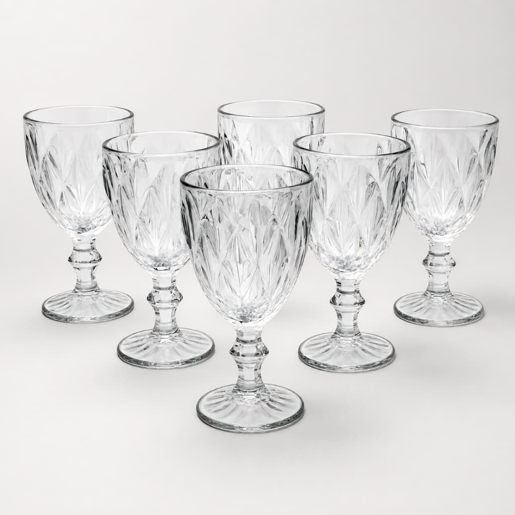 Jogo 6 Taças Vidro Diamond 335ml Transparente Design Facetado Linha Diamante Água Suco