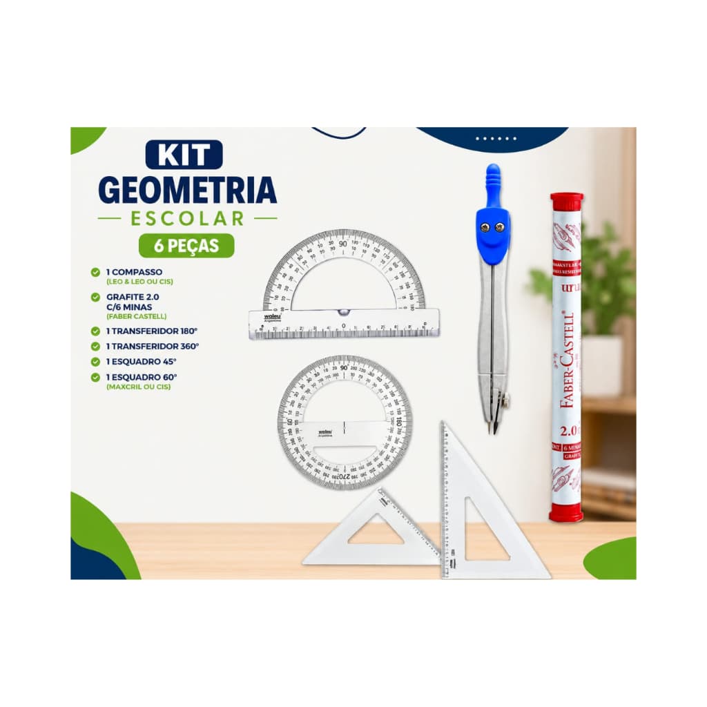 KIT ESCOLAR PARA GEOMETRIA / MATEMÁTICA C/5 PEÇAS