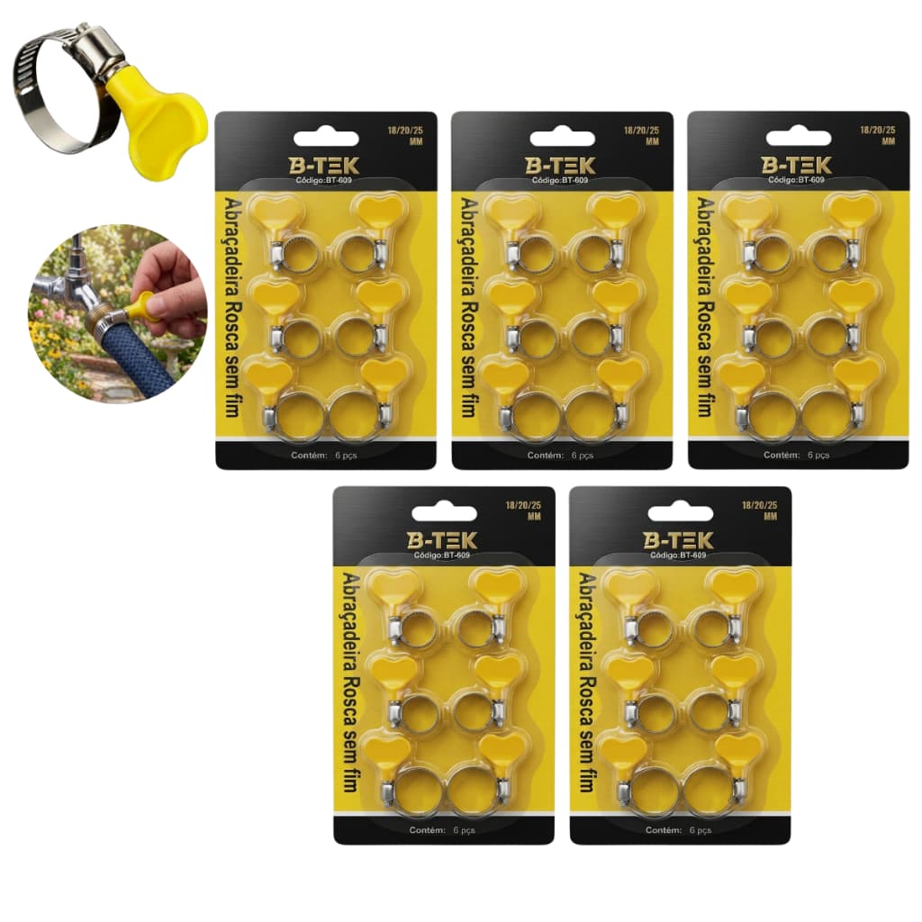Kit 5 Abraçadeira Mangueira Rosca Sem Fim 6 unidades 18mm 20mm 25mm Amarelo
