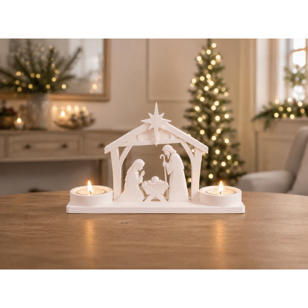Presépio de Natal Branco com Porta-Velas | Sagrada Família Decorativa para Mesa