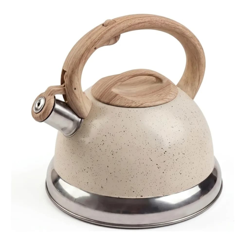 Chaleira Inox Com Apito 3L Fogão Indução Cabo Madeira Creme Marmorizada Para Agua Cafe Cha Chaleiras