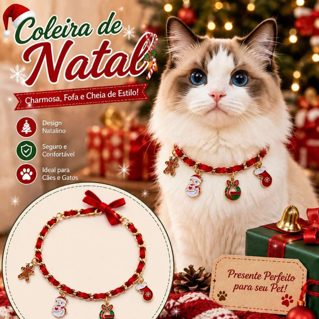 Colar de Natal para Pet com Pingentes (Boneco de Neve, Meia e Guirlanda) - Acessório Festivo para Cachorro e Gato P+M