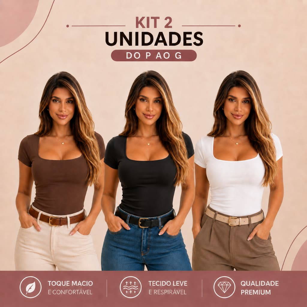 Kit 2 Blusas Femininas Decote Quadrado Suplex Premium Manga Curta Moda Casual Forro Duplo Camisa Look Casual