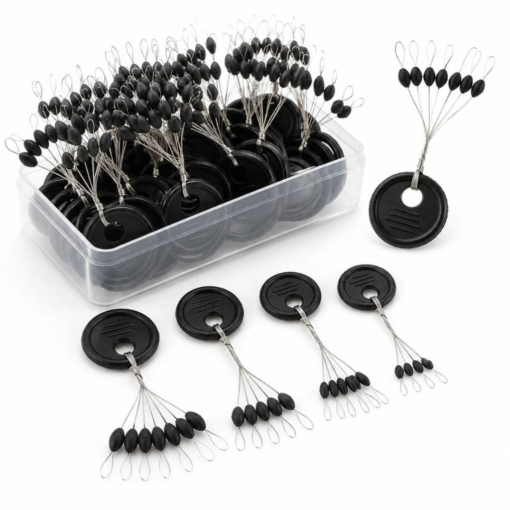 Kit 60 ou 120 Stopper de Pesca 4 Tamanhos Para Linha Trava Linha Chumbo Boia Borrachinha Silicone Stop Fishing