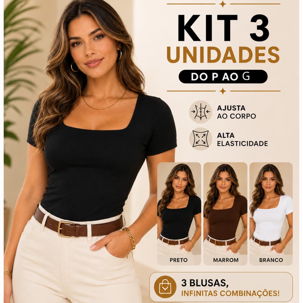 Kit 3 Blusas Femininas Baby Look Gola Quadrada | Manga Curta | Moda Casual Básica 2026
