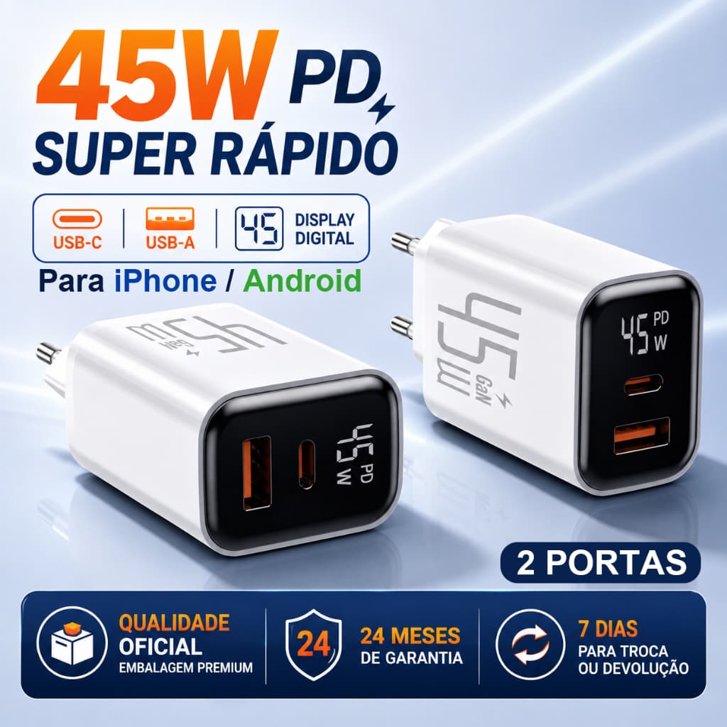 Fonte carregador 45W GaN PD USB-C+USB-A Carregamento Rápido, Display Digital, para iPhone iPad Samsung Android Tipo C