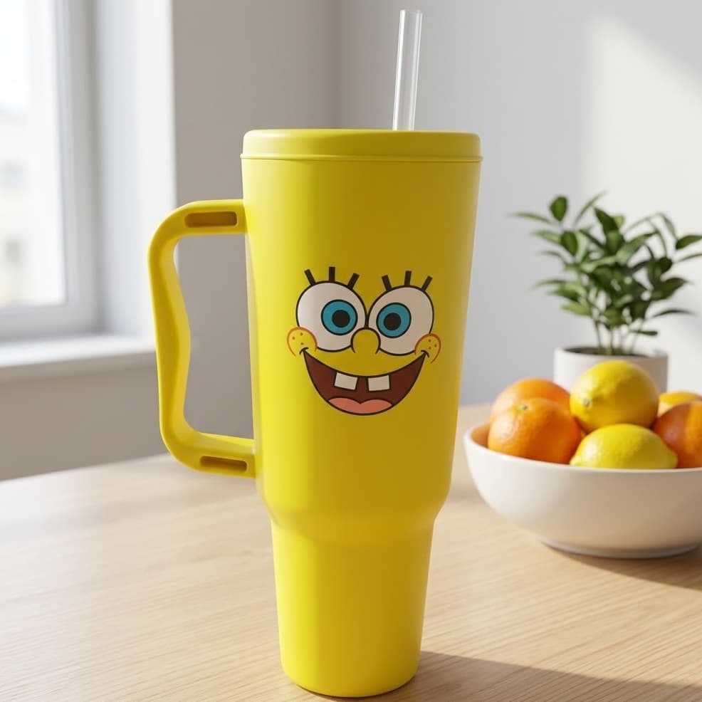 Copo com Canudo Bob Esponja Em Policarbonato 1200ml com Brinde