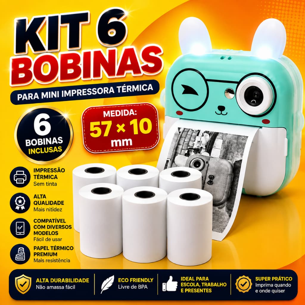 Kit 6 Bobinas Papel Térmico 57x10mm Para Mini Impressora Térmica Compatível