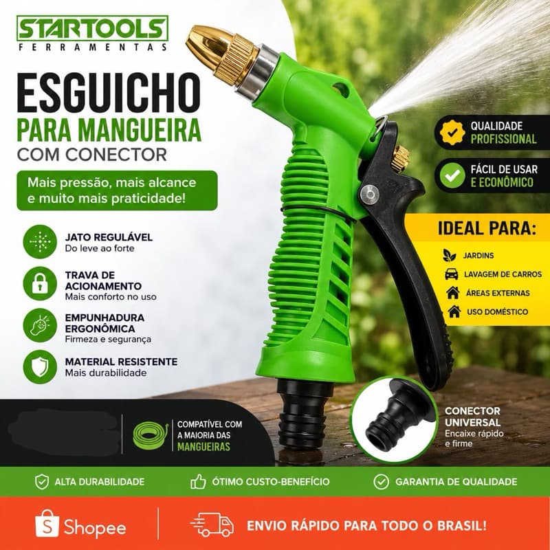 Esguicho Tipo Pistola STARTOOLS: Economia de Água com Bloqueio e Controle de Fluxo Ajustável