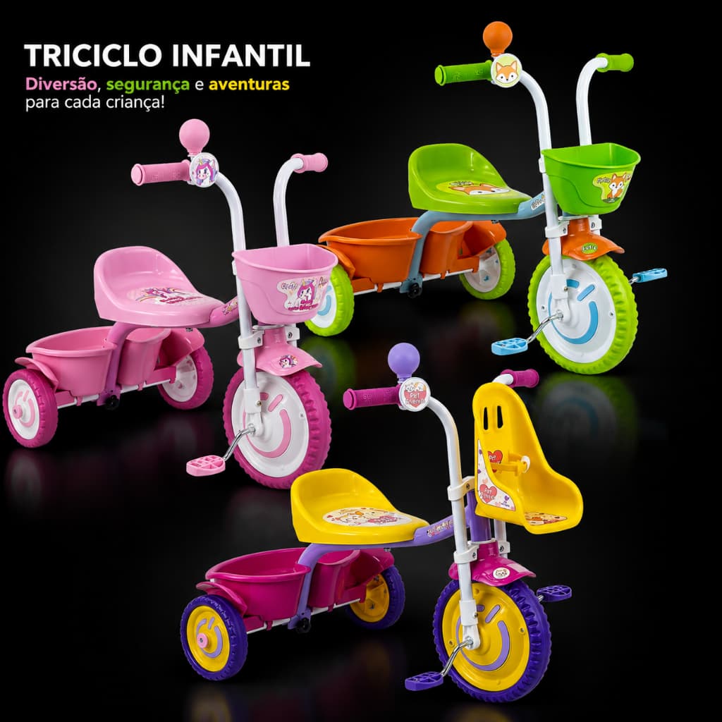 Triciclo Motoca Infantil Nathor Pet Friends // Baby Unicorn  Menina / Little Fox Menino Alumínio Silencioso