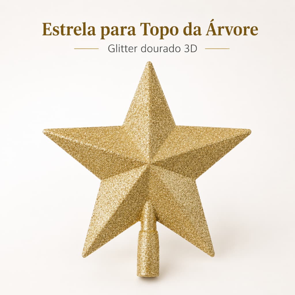 Ponteira Estrela para Árvore de Natal com Glitter 15/20cm, Topo Decorativo Natalino para Casa e Decoração