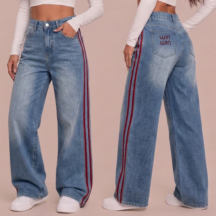 Calça Jeans Feminina Wide Leg Cintura Alta com Listras Laterais Vermelhas e Brancas Perna Larga Streetwear