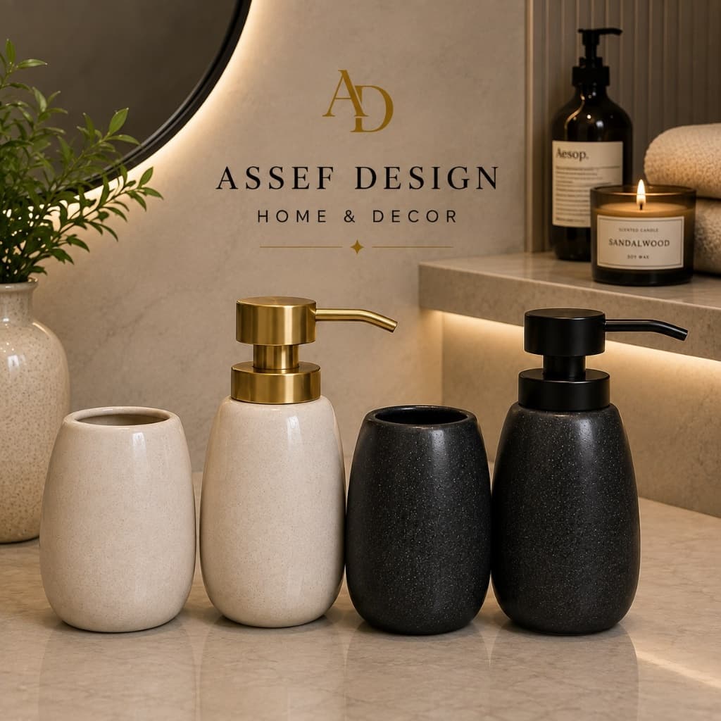 Kit Banheiro Lavabo Porta Sabonete Liquido Dispenser Porta Escova de Dente Cerâmica Luxo Preto Bege