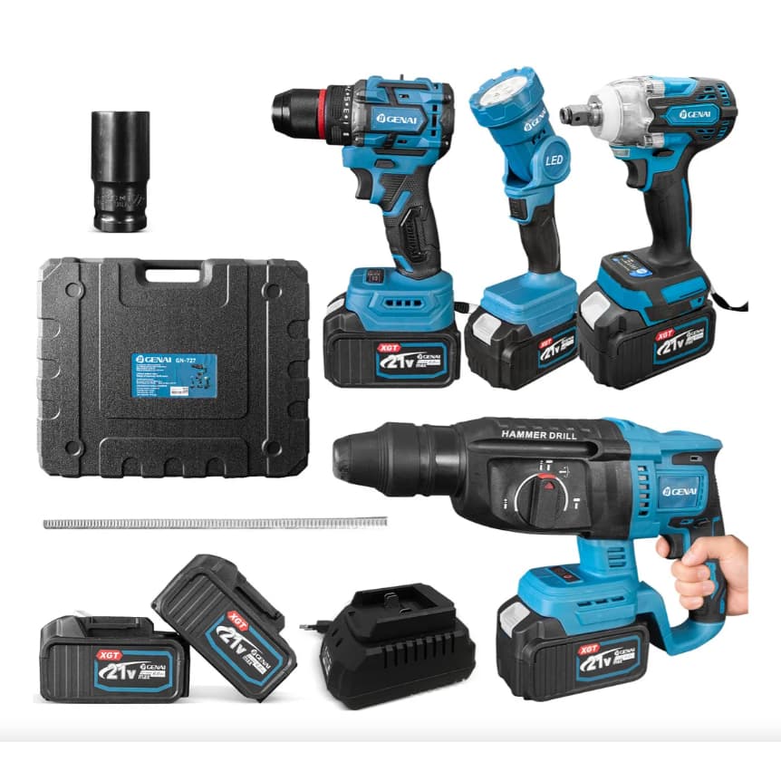 Kit 4 Peças de Ferramentas a Bateria 21V Sem Escovas Furadeira Martelete Chave de Impacto Lanterna LED com Maleta