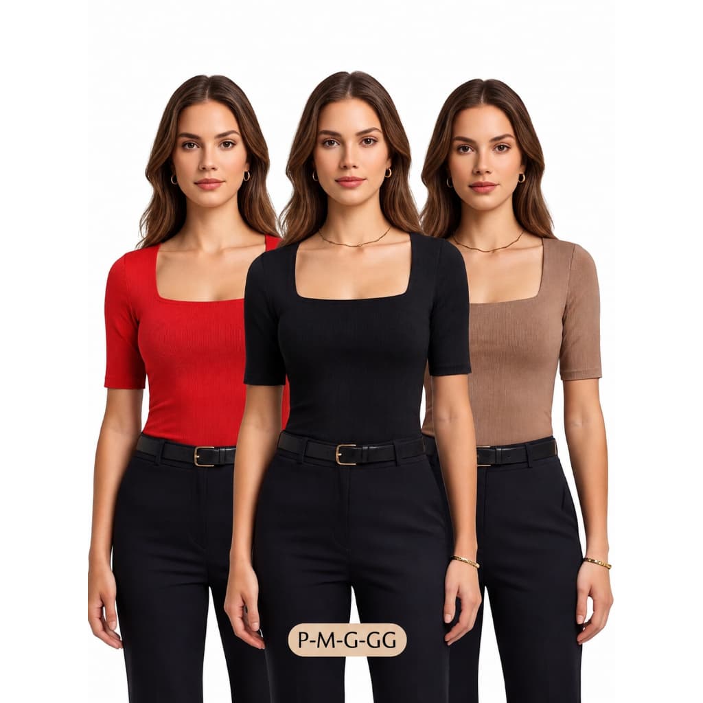 kit 3 Blusas Feminina Baby Look Manga Curta Gola Quadrada Decote Quadrado Moda Casual Versátil Blogueira 2026