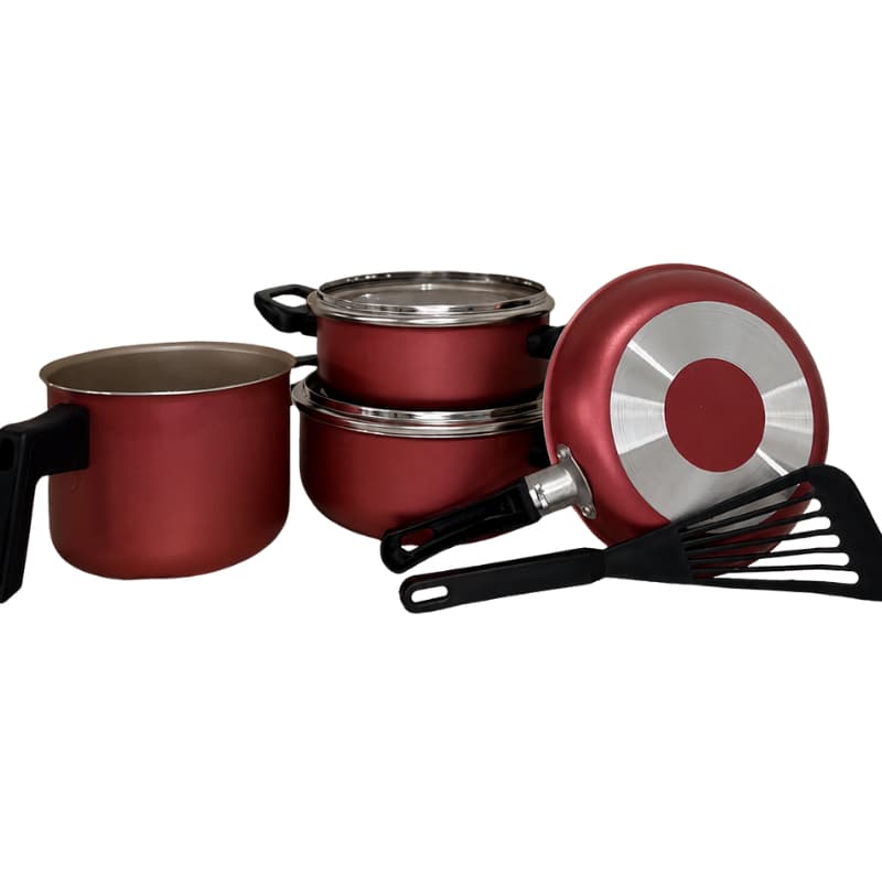 Jogo de panela antiaderente 5 pecas teflon com tampa de vidro temperado cores cereja ou preto Bracchi Aluminios