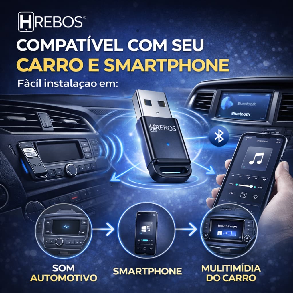 Car Connect Transmissor Bluetooth USB Para Som Automotivo Carro Receptor Musica Sem Cabo P2 Hrebos Car play