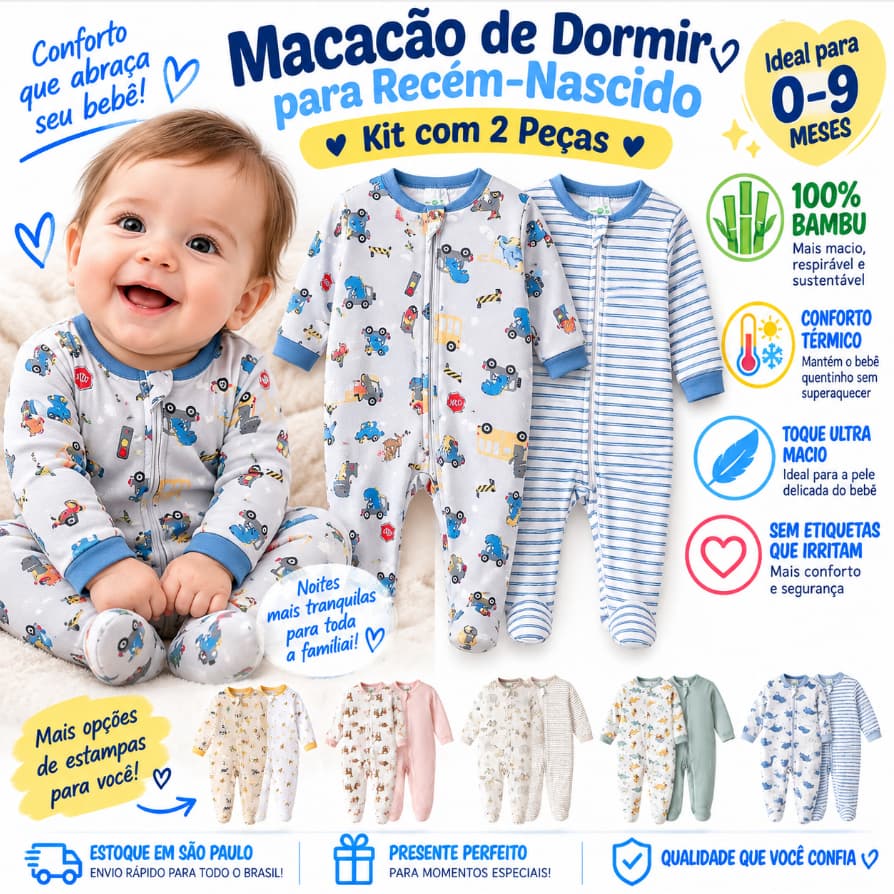 Kit 2 Pijamas Bebê 100% Fibra de Bambu Macacão Manga Longa Zíper com Pezinho Recém-Nascido 0 a 9 Meses