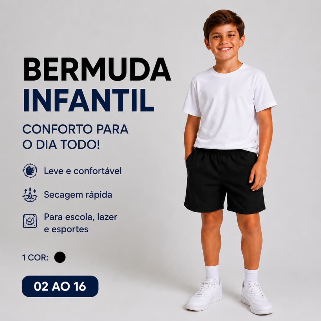 Kit 3 Bermudas Tactel Infantil Juvenil Escolar Menino Azul Marinho Royal Preto