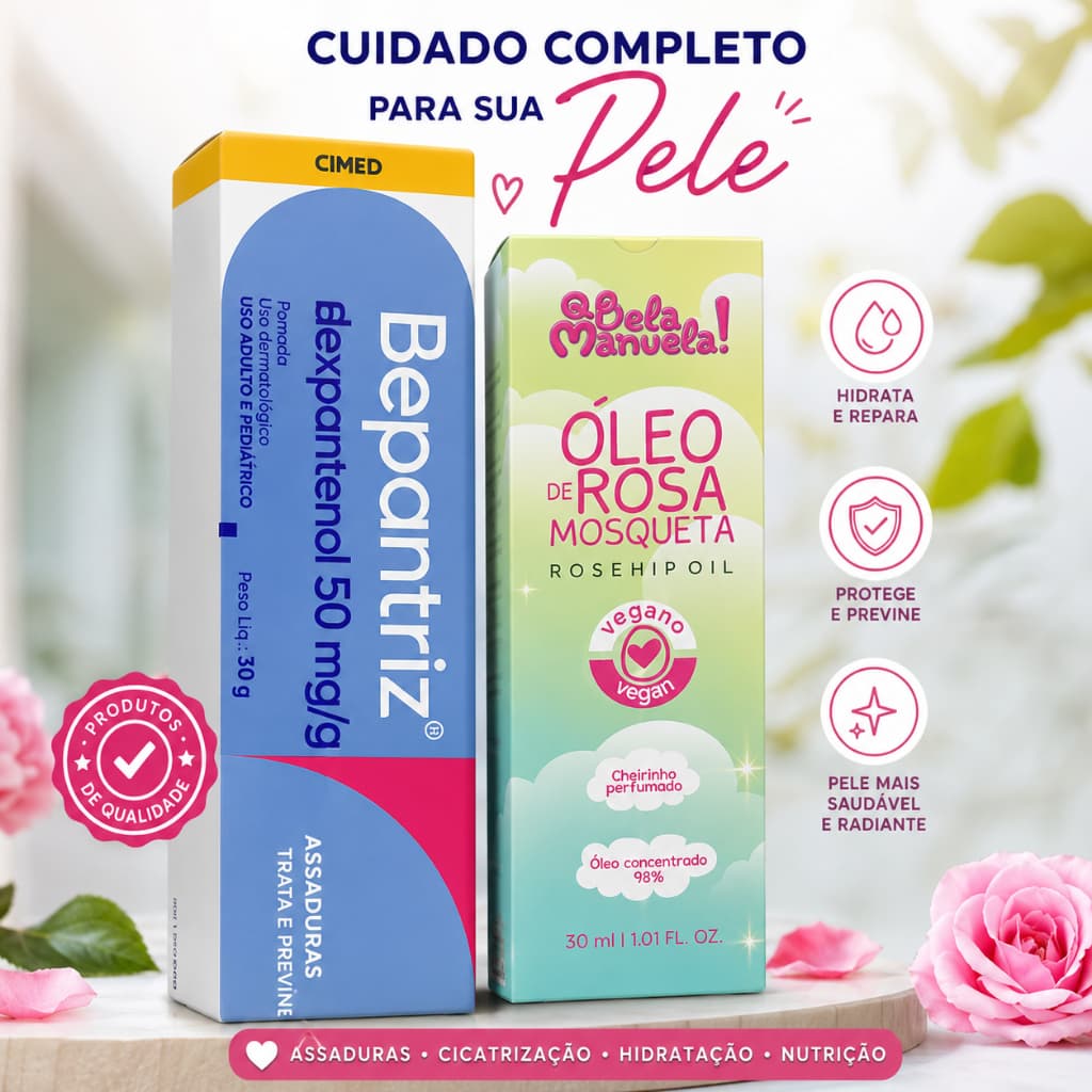 kit  creme hidratante bepantriz 30g + oleo de rosa mosqueta 100% puro 30ml