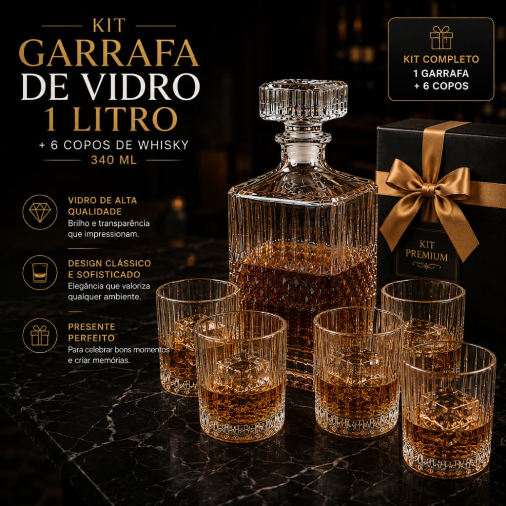 Kit Presente Garrafa vidro Whisky 1L + 6 Copos 340 ml Dia dos Pais Natal