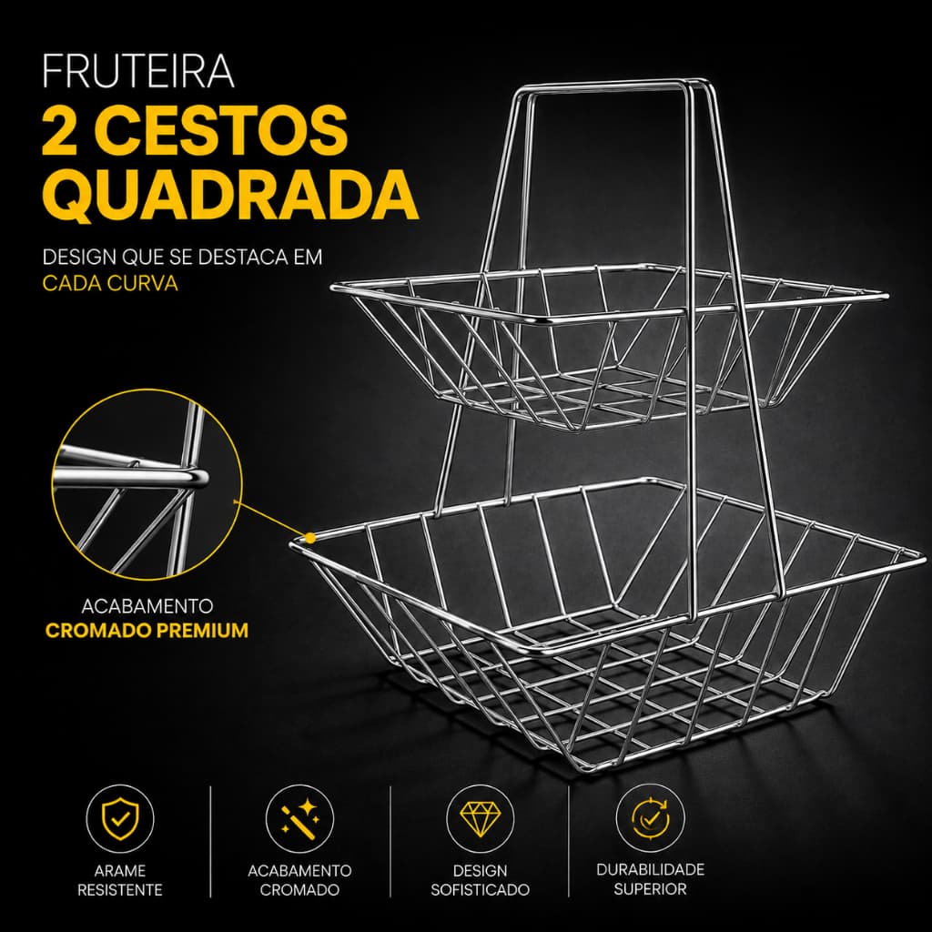 Fruteira Aramada Quadrada 2 Cestos Cromada para Bancada Expositor de Frutas 2 Andares Design Moderno Águia de Aramados