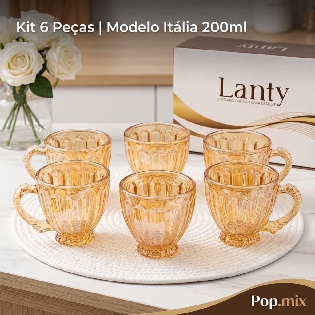 Kit 6 Xícaras De Vidro Trabalhado 200ml Para Café Chá Canecas Cristal Âmbar Furta-cor Mesa Posta