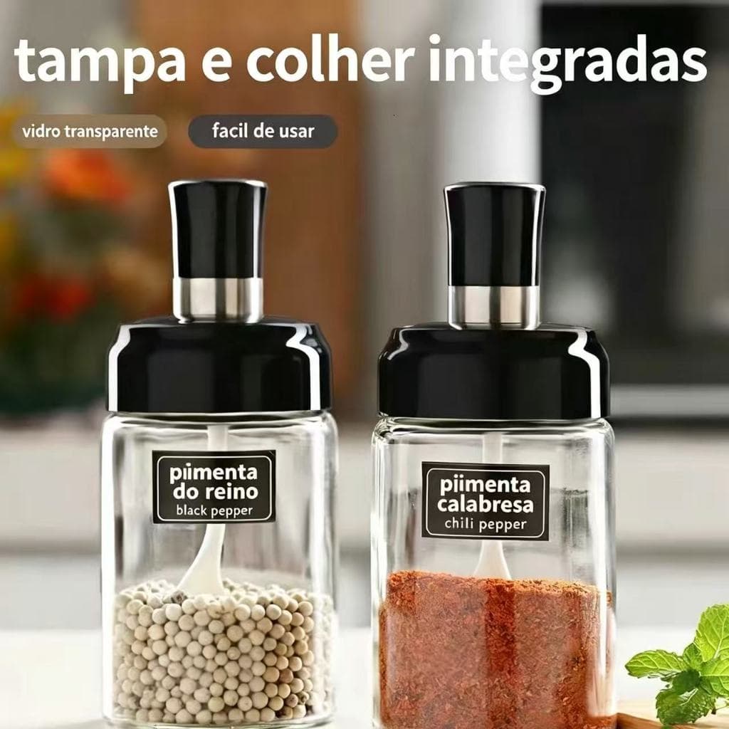 Pote Hermético para Temperos 250ml, Colher na Tampa, Anel de Vedação em Silicone, Acessório de Cozinha