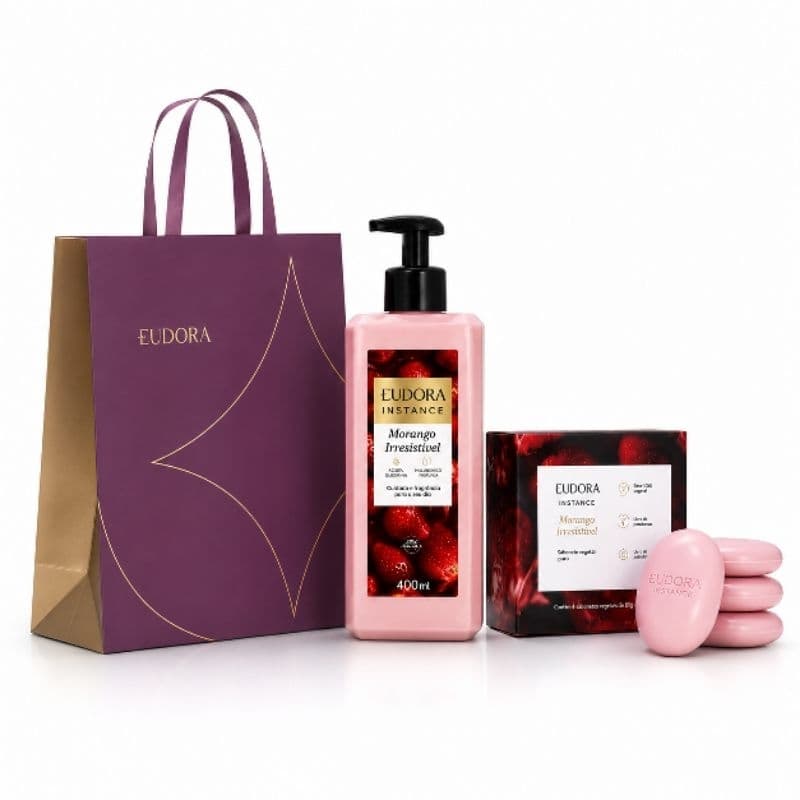 Kit Eudora Instance Morango Irresistível: Hidratante 400ml + Sabonete em Barra 4x80g + Sacola