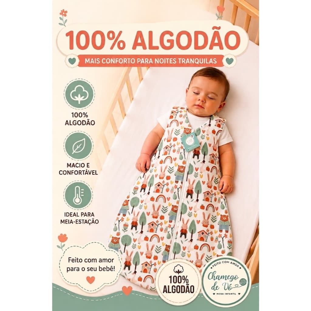 Saco de Dormir Bebê 100% Algodão com Zíper Forrado com Flanela Casulo Verão Meia-Estação