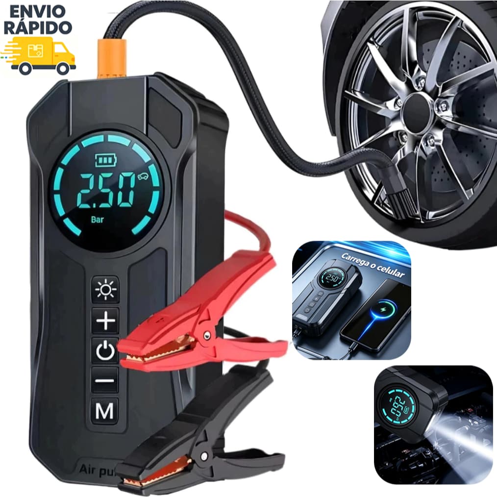 ✈️Envio Rápido｜Compressor de Ar Multifuncional 150PSI, Auxiliar Partida, Lanterna e Carregador para Carro Moto Bike
