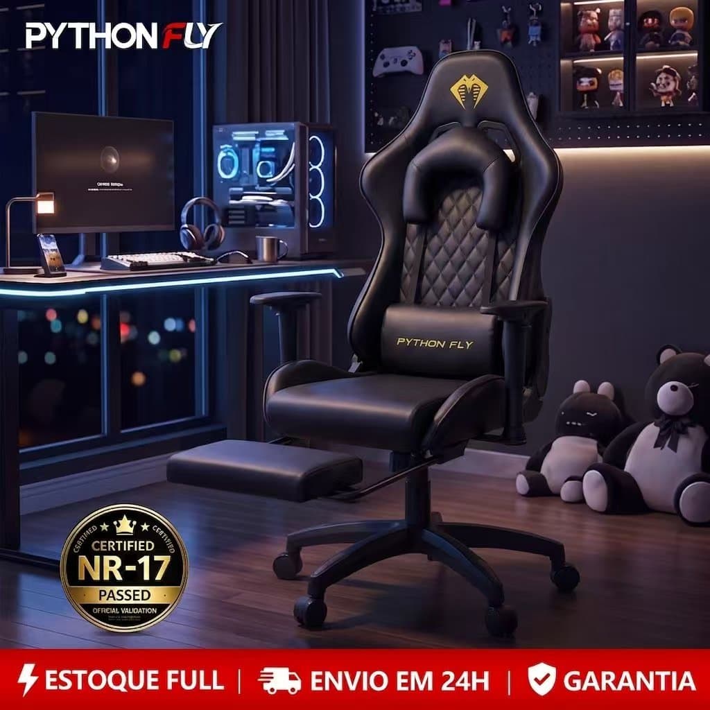 Cadeira Gamer Python Fly Deluxe, Design Ergonômico, Ajuste De 90-150 Graus, Design Preto E Dourado