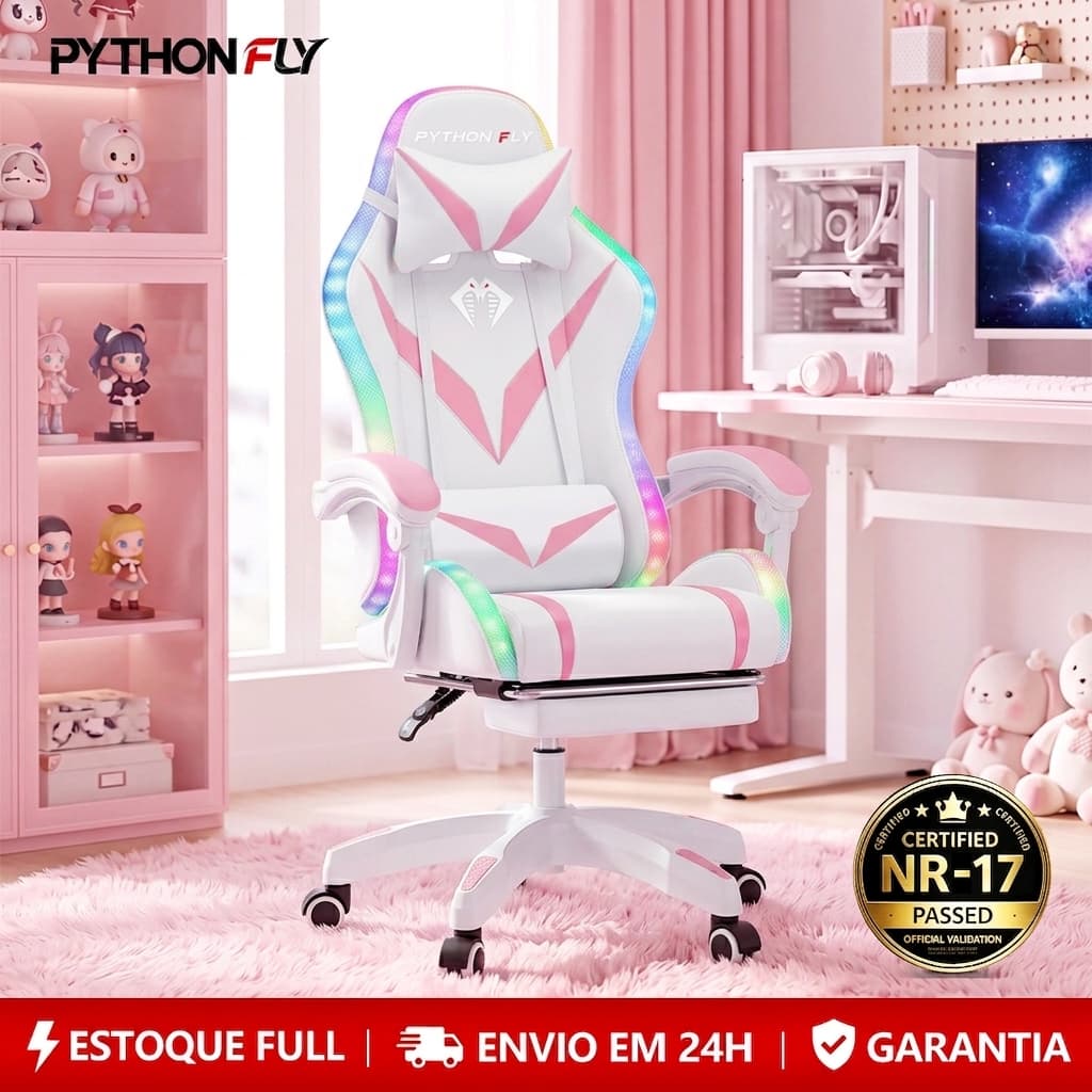 Cadeira Gamer Ergonômica Reclinável 135º Branca Rosa Com Luz LED RGB e Descanso De Pés