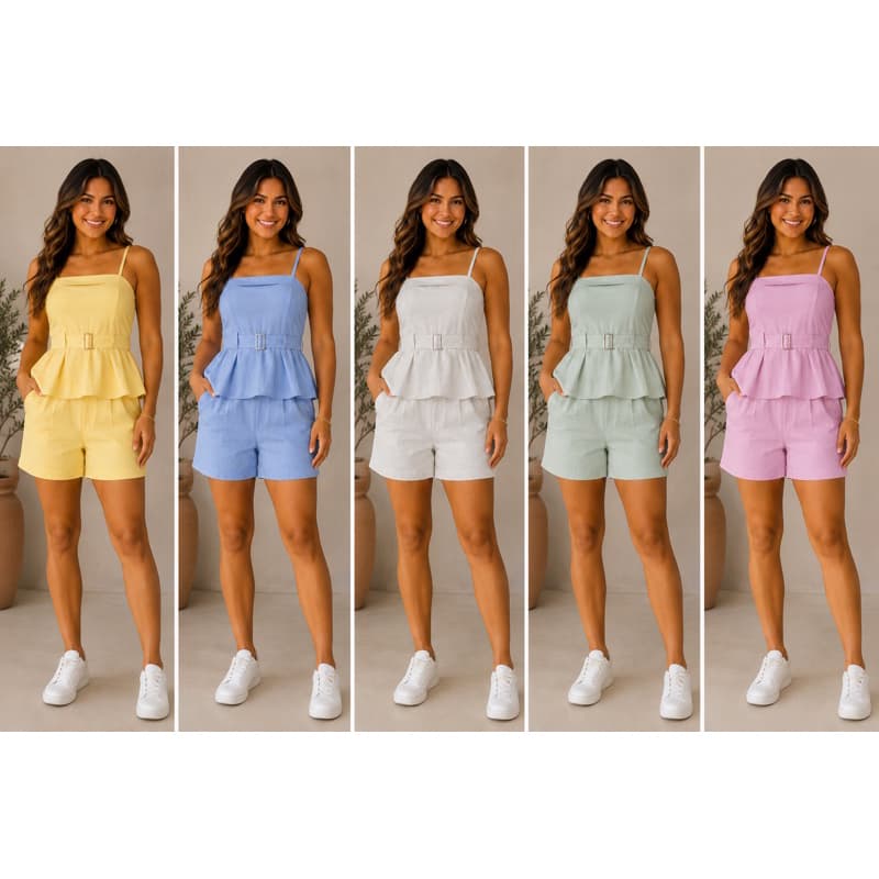 Conjunto feminino Shorts e Blusa com cinto Marrant linho alcinha Verão Moda Lançamento