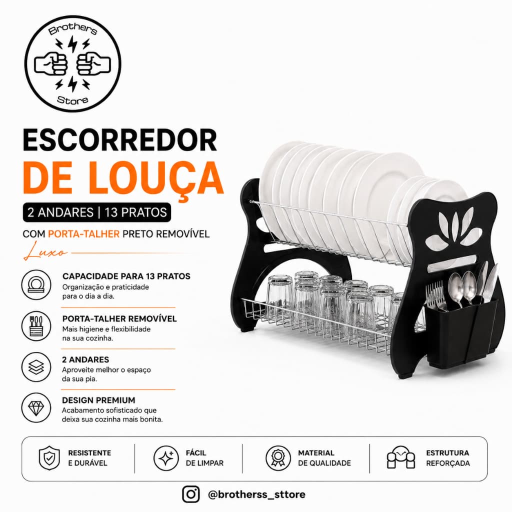 Escorredor de louças pratos 13 pratos 2 andares com porta talher