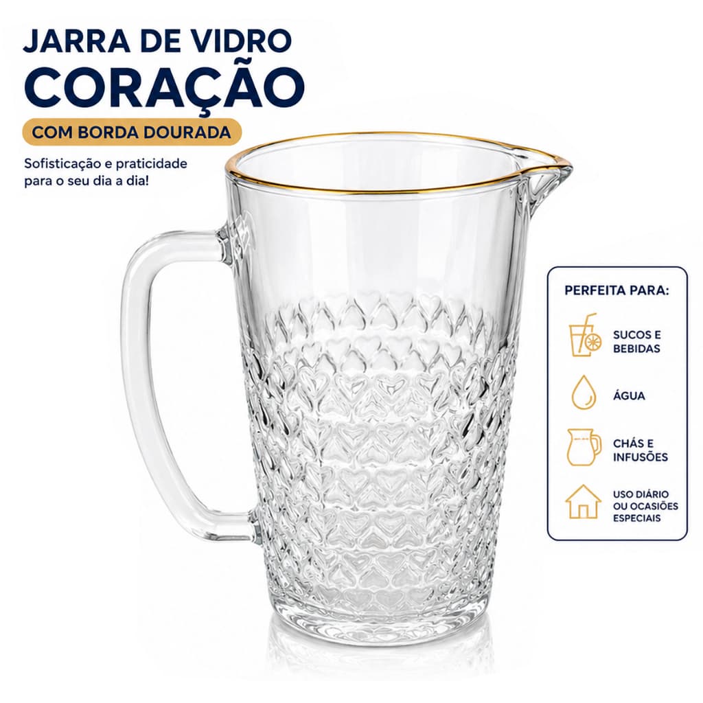 Jarra de Cristal 1 Litro Borda Dourada Detalhes de Coração Mesa Posta Suco Agua