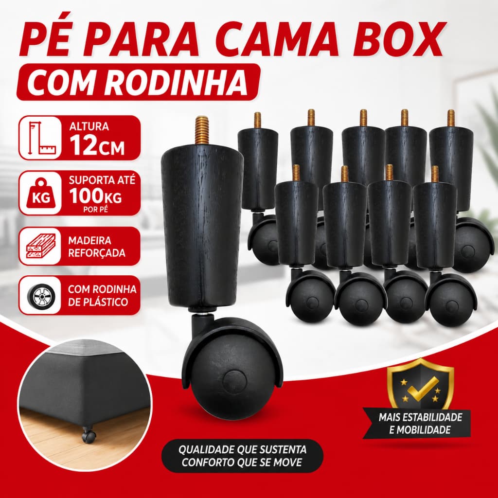 Pés para cama box Rodinhas pé Rodízio Madeira 12cm Box Solteiro Casal Queen King - Cor Preto